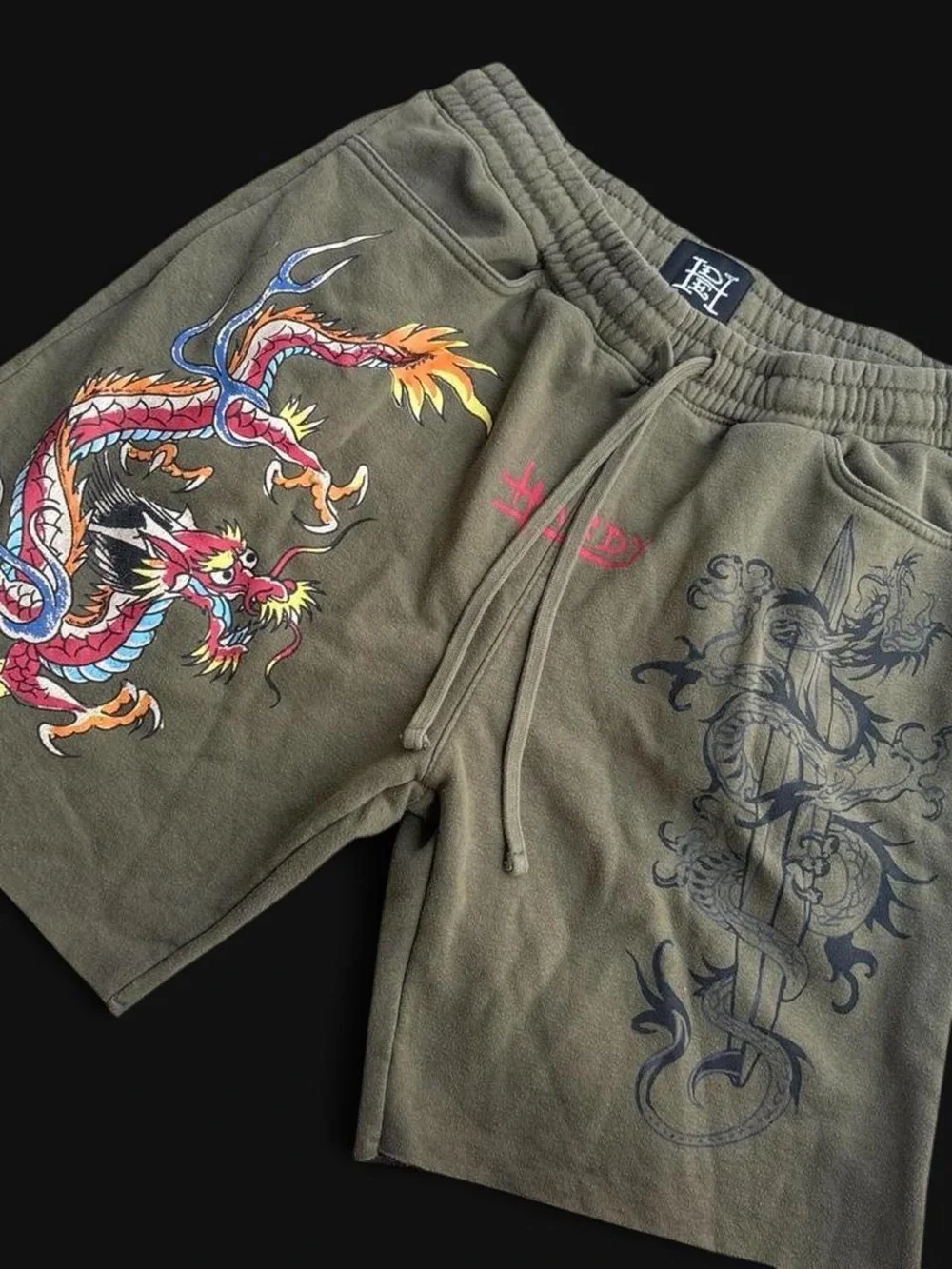 Ed hardyMen's Olive Dragon Graphic Shorts